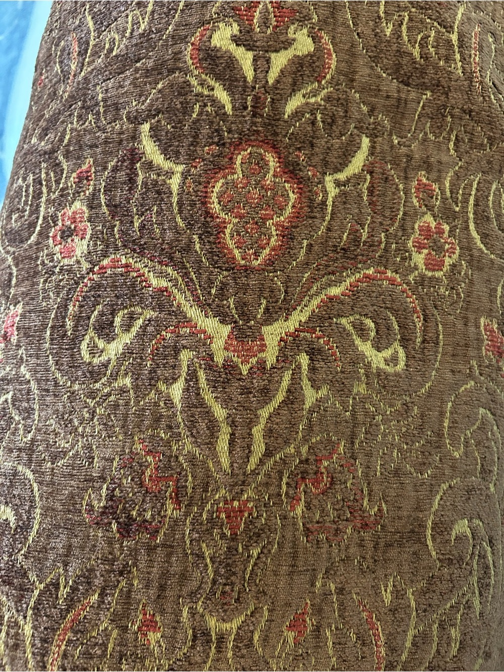 Textured Jacquard Upholstery Fabric - Brown with Gold & Rust Damask
